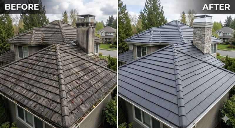 roof tile cleaning-before and after cleaning and staining Washington
